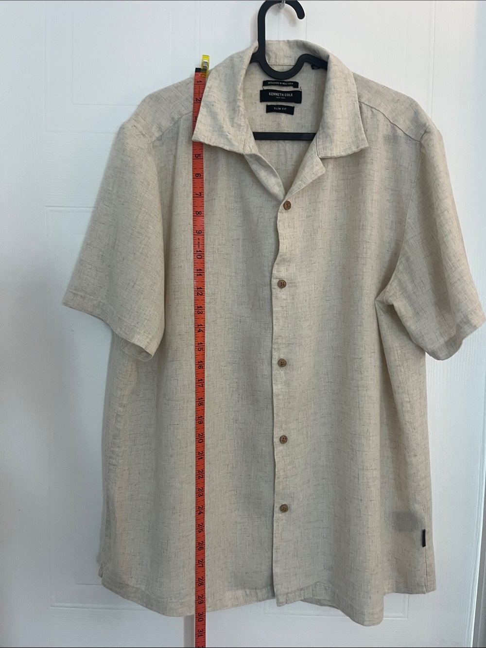 Kenneth Cole Beige Short-Sleeve Linen Blend Button-Down Shirt Slim Fit